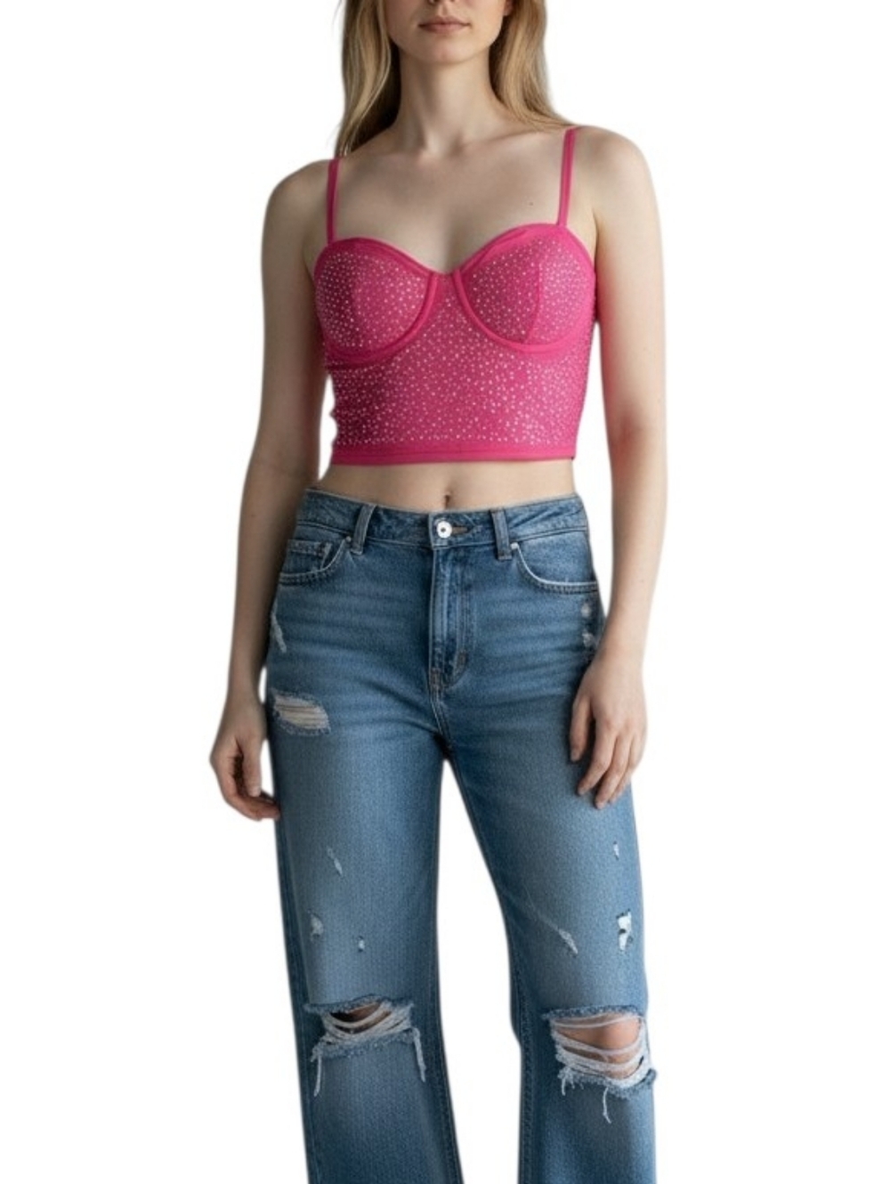 Hot Pink Rhinestone Bustier Crop Top Y2K Glam Sparkly Cami Party Clubwear